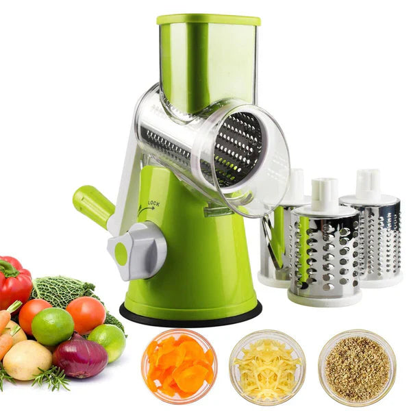 3-in-1 Multifunctional Manual Vegetable Cutter & Round Slicer – Tabletop Rotary Drum Grater with 3 Stainless Steel Blades