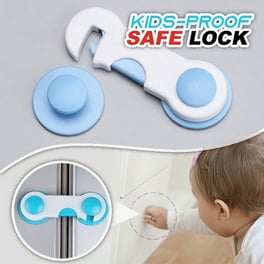 Children's safety lock with a child testing it on a door.