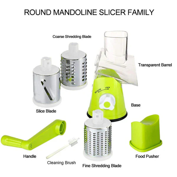 3-in-1 Multifunctional Manual Vegetable Cutter & Round Slicer – Tabletop Rotary Drum Grater with 3 Stainless Steel Blades