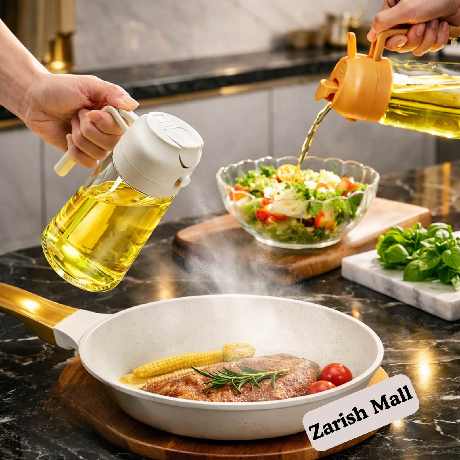 Person pouring oil into a frying pan with a salad in the background, kitchen setting.