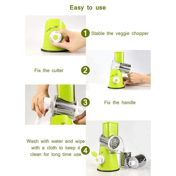 3-in-1 Multifunctional Manual Vegetable Cutter & Round Slicer – Tabletop Rotary Drum Grater with 3 Stainless Steel Blades