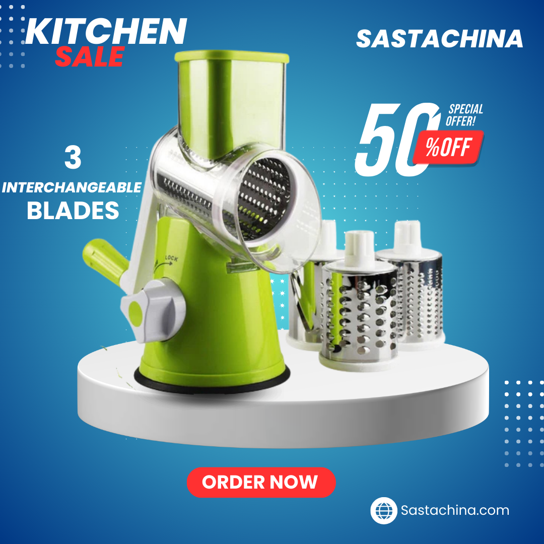 3-in-1 Multifunctional Manual Vegetable Cutter & Round Slicer – Tabletop Rotary Drum Grater with 3 Stainless Steel Blades