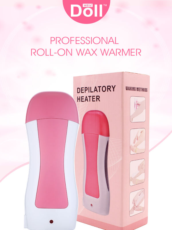 Pink and white roll-on wax warmer with packaging on a light pink background